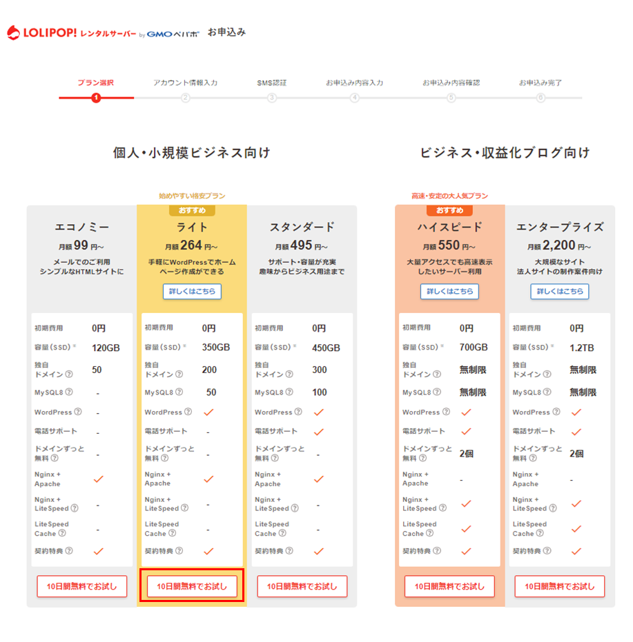 ロリポッププラン選択画面