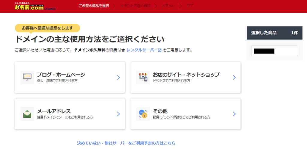 お名前ドットコムドメイン使用方法選択画面