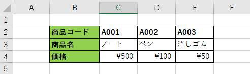 HLOOKUP関数_例表